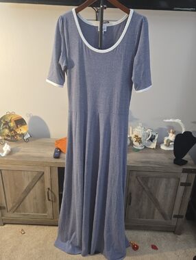 LuLaRoe Heathered Blue Maxi Dress with White Scoop Neck